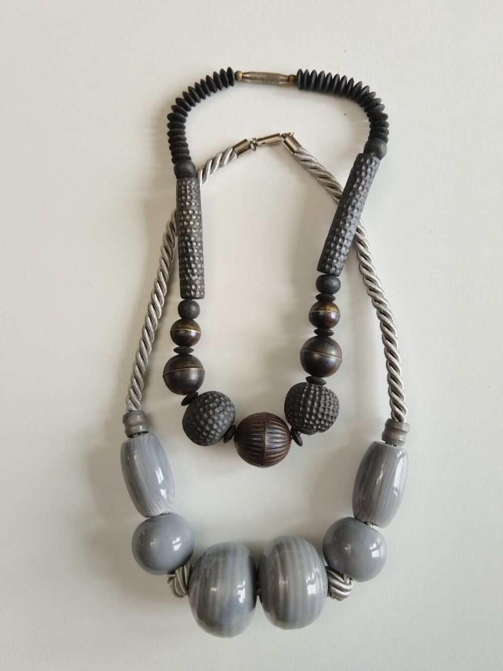 Vintage Statement Necklace Lot of 2 Chunky Ceramic Grey & Black Tribal Brutalist